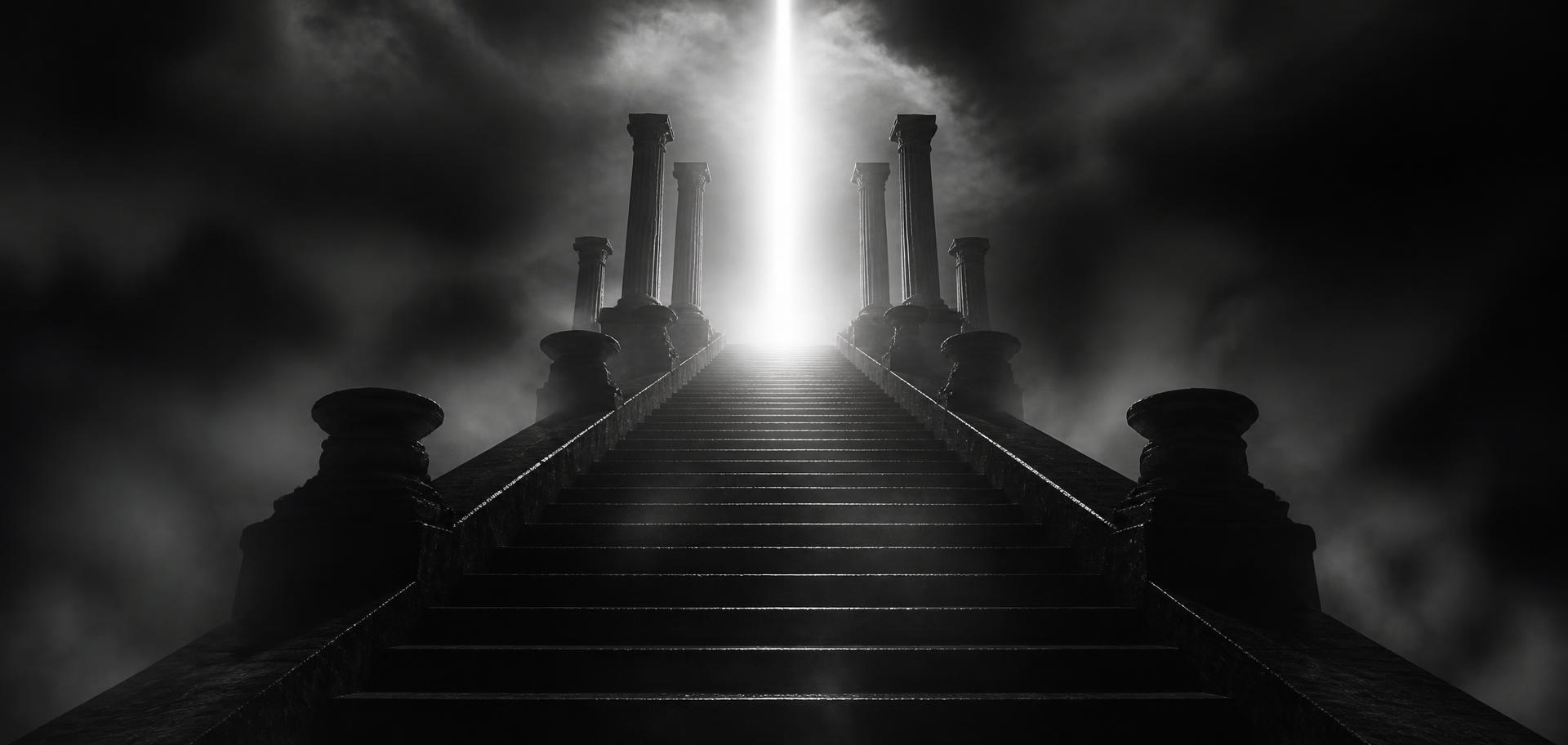 Escalinata monumental de piedra ascendiendo hacia un haz de luz entre nubes