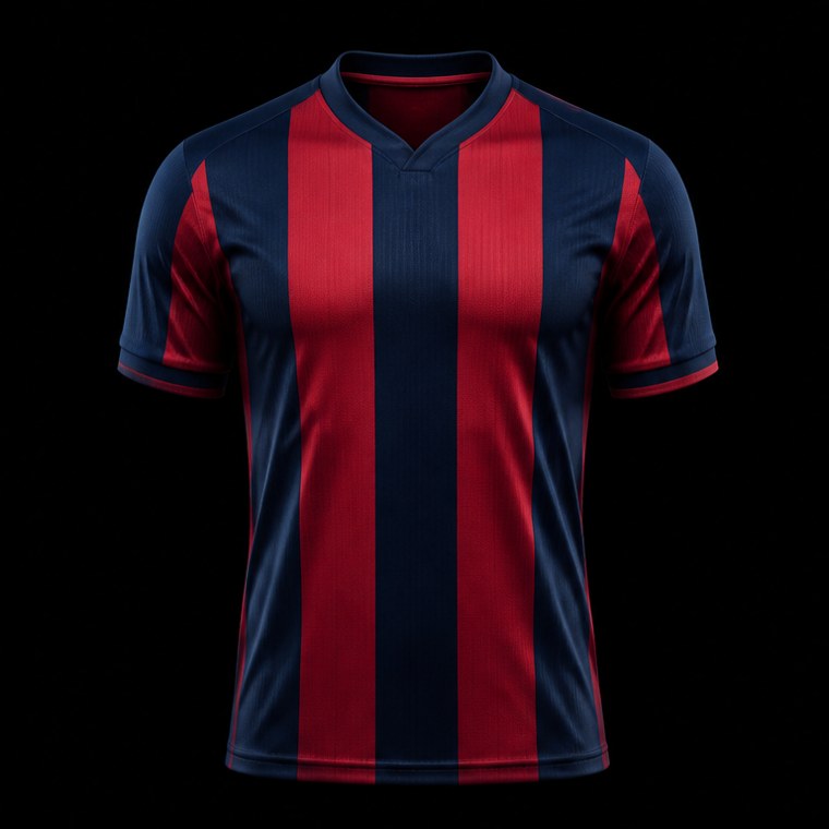 Jersey de fútbol a rayas verticales azul marino y granate sobre fondo negro