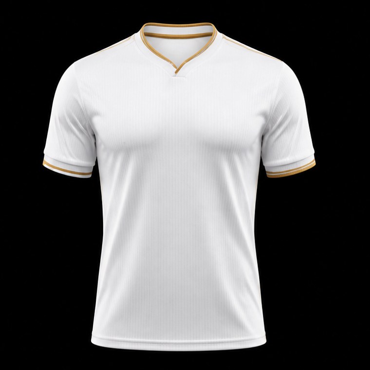 Jersey de fútbol blanco con vivos dorados sobre fondo negro