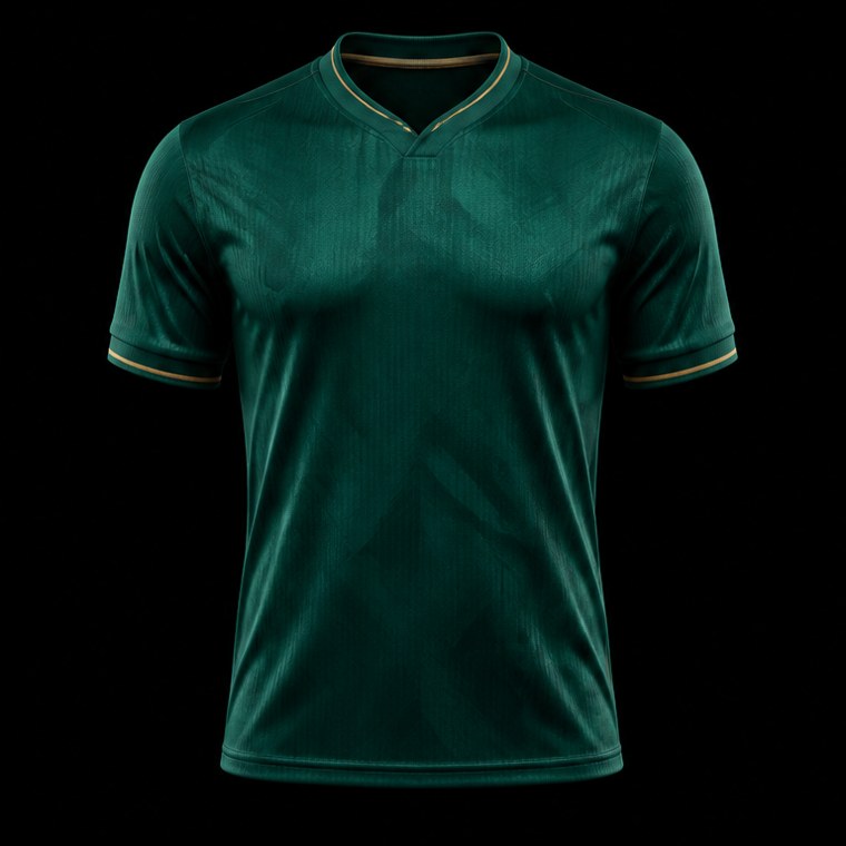 Jersey de fútbol verde con textura sutil sobre fondo negro