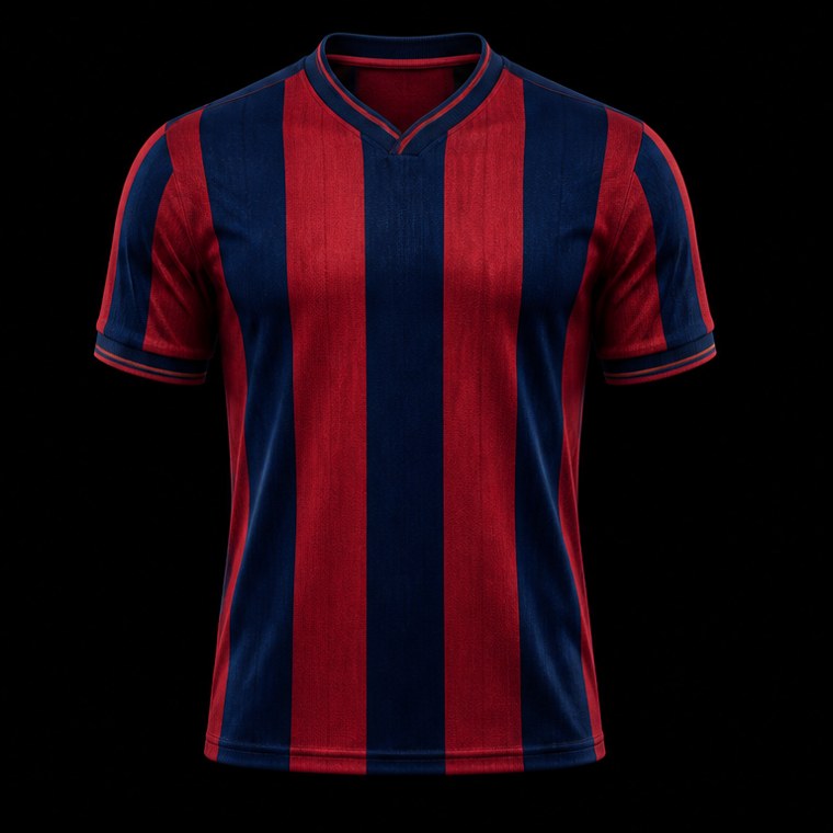 Jersey de fútbol retro a rayas granate y azul sobre fondo negro