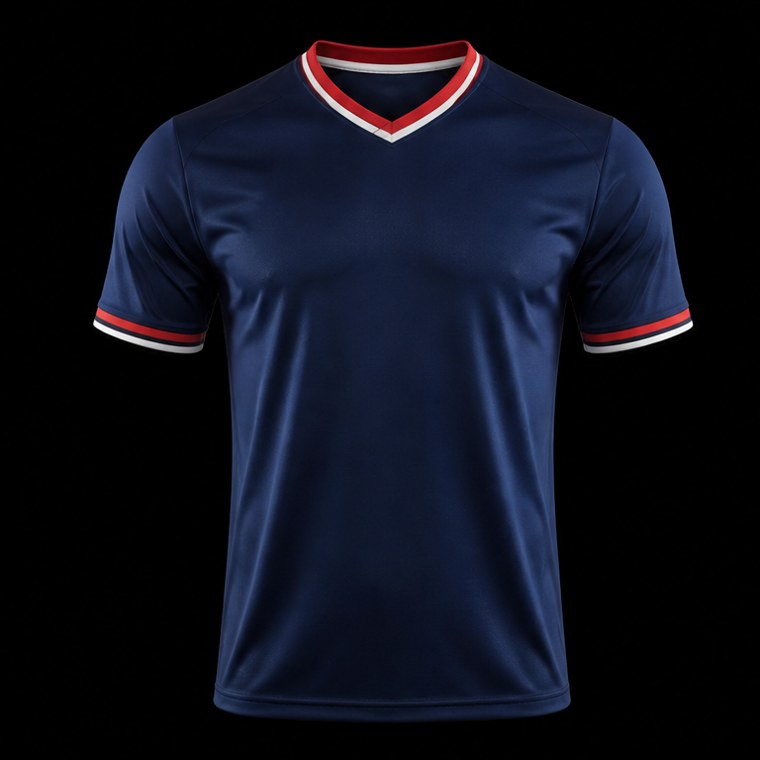 Jersey de fútbol azul marino con cuello tricolor sobre fondo negro
