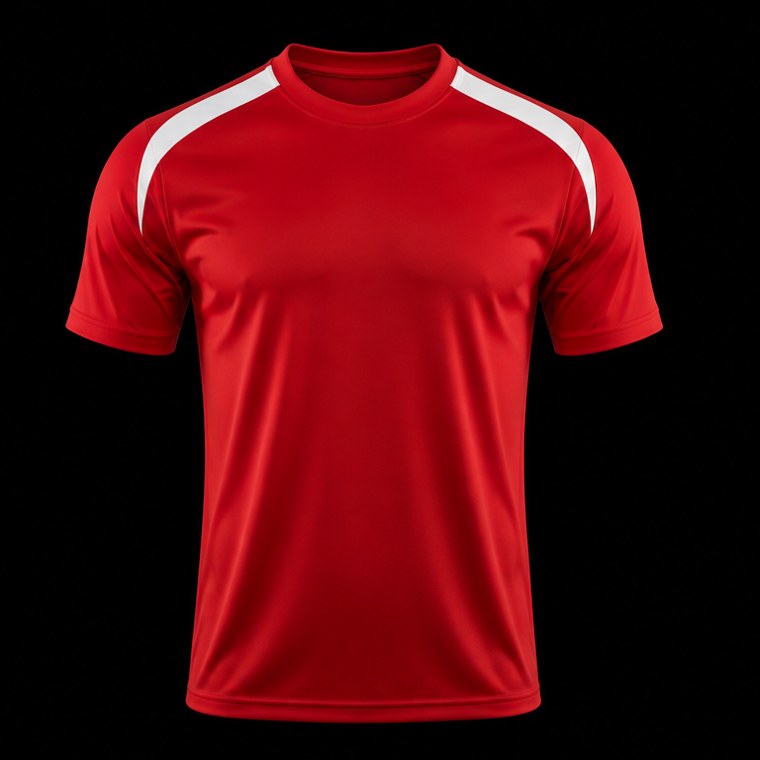 Jersey de fútbol rojo con detalle blanco en hombros sobre fondo negro
