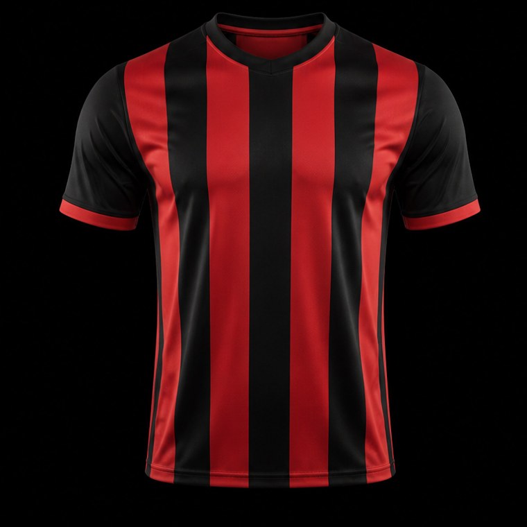 Jersey de fútbol a rayas negras y rojas sobre fondo negro