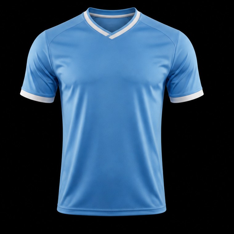 Jersey de fútbol azul cielo con vivos blancos sobre fondo negro