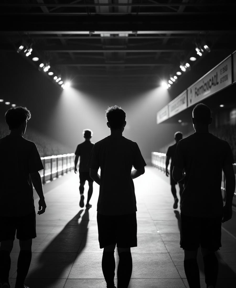 Grupo de futbolistas caminando hacia la luz en un estadio