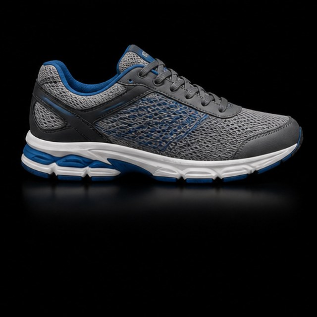 Sneaker de running gris y azul sobre fondo negro