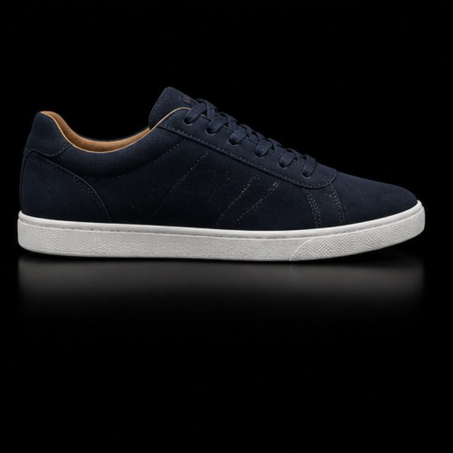 Sneaker de ante azul marino de corte bajo sobre fondo negro