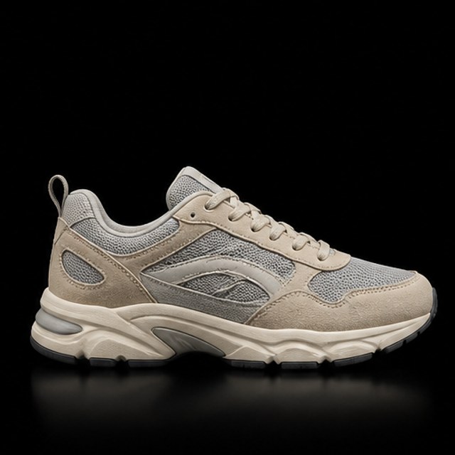 Sneaker chunky beige y gris sobre fondo negro